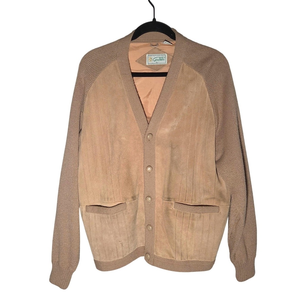 Vintage Gino Paoli Cardigan L Tan Leather Front Knit 80s Retro Sweater Ivy S